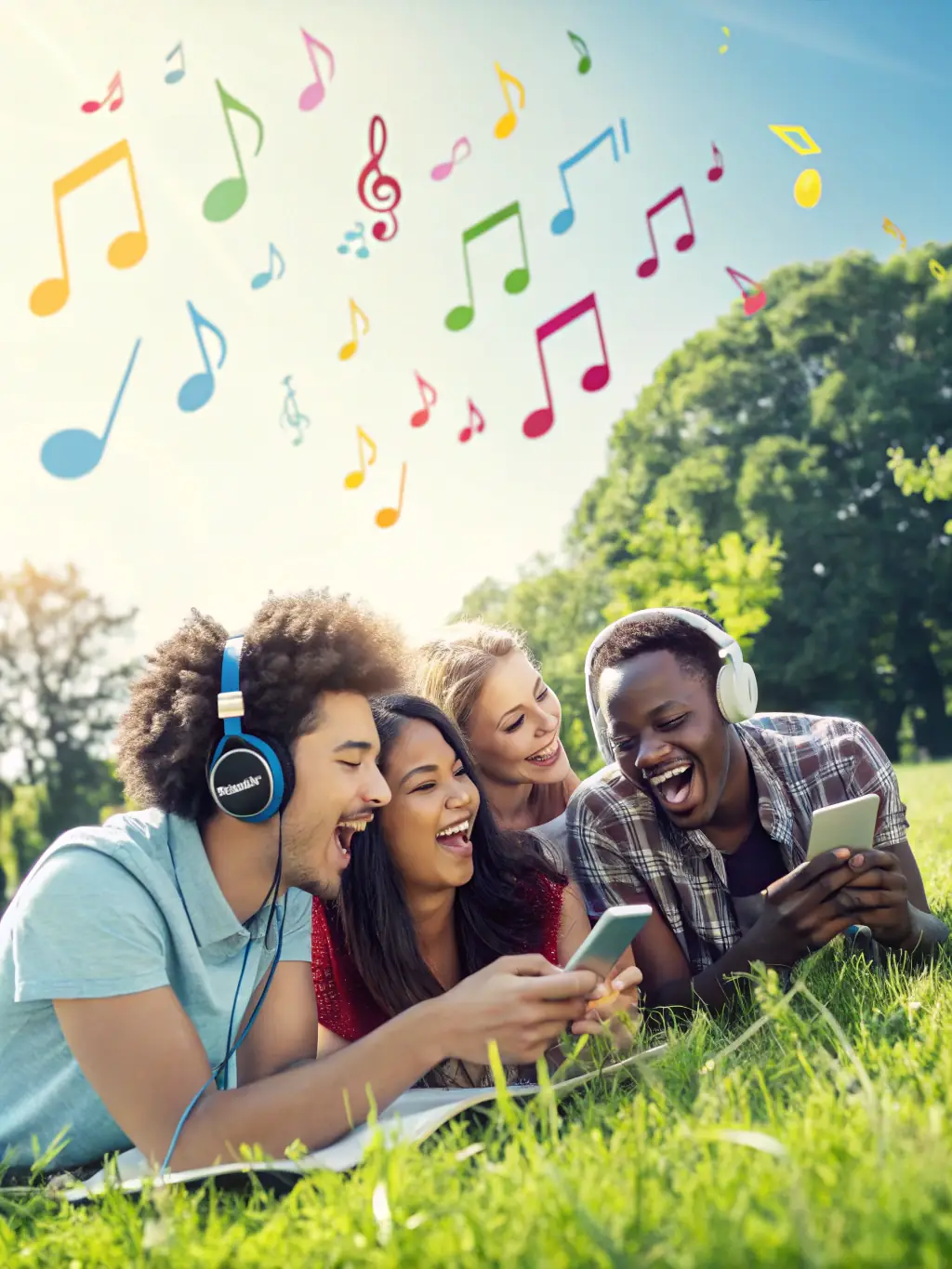 A diverse group of community members participating in a collaborative music project organized by ASSOCIATION MANGO, playing instruments and singing together in a public space.