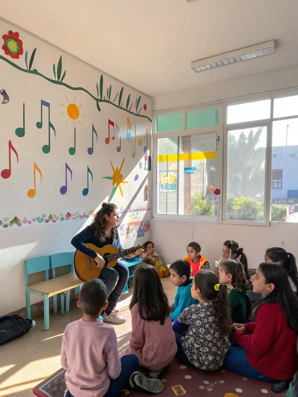 A group of children participating in a music workshop organized by ASSOCIATION MANGO, learning to play instruments and engaging in creative musical activities.