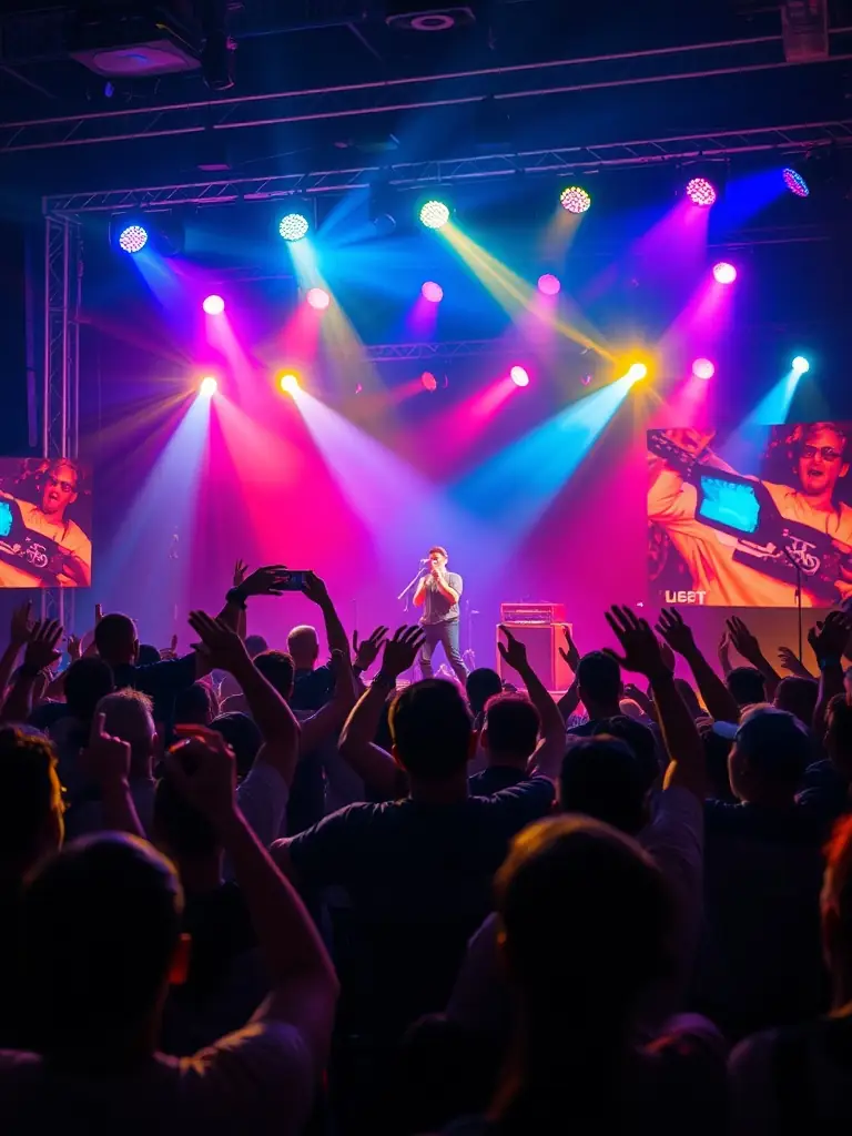 A vibrant photo of a live contemporary music concert organized by ASSOCIATION MANGO, featuring diverse musicians on stage and an engaged audience in a dimly lit venue.