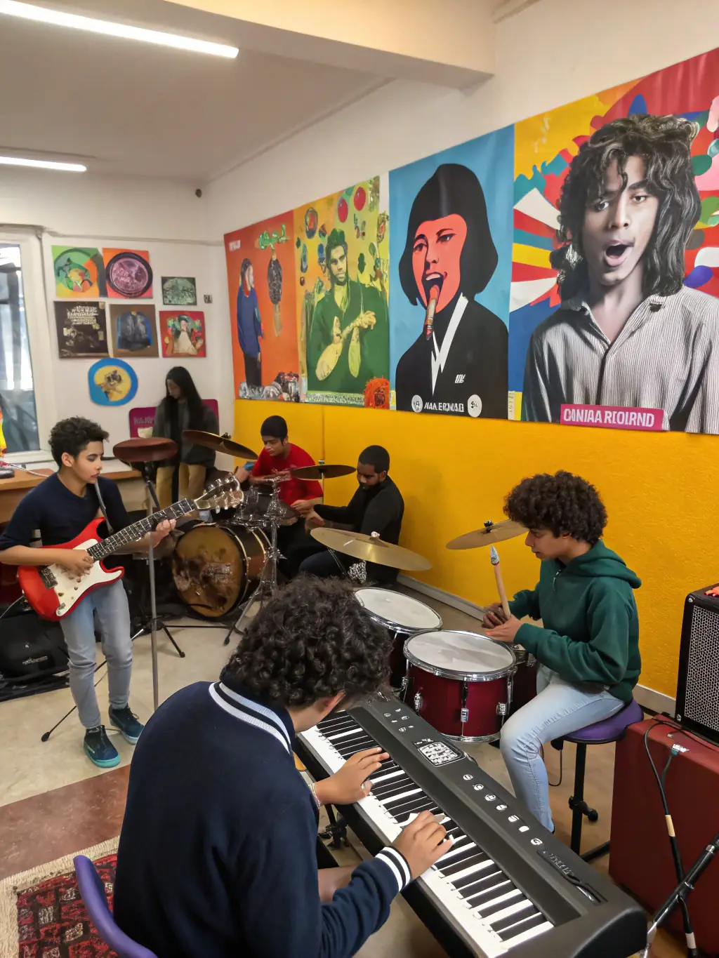A photograph capturing a music workshop in progress, with participants of various ages actively engaged in learning and creating music together.