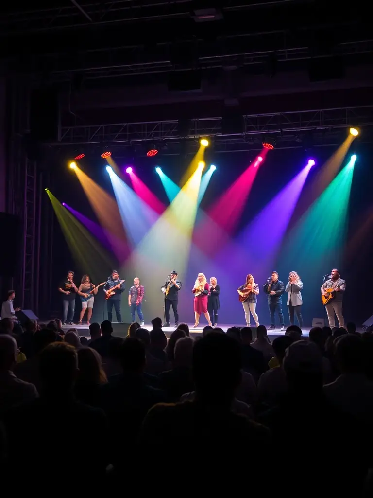 A dynamic image of a contemporary music concert featuring a diverse group of musicians on stage, showcasing the energy and innovation of the performance.