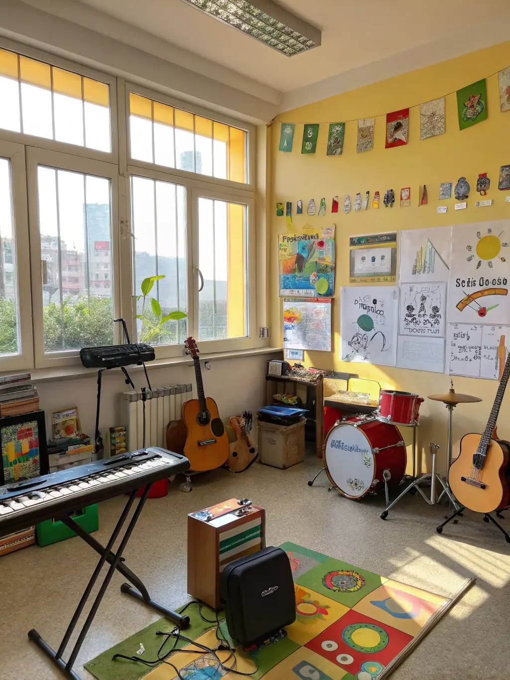 A photo of a music education program in action, with children learning to play instruments and exploring the world of music under the guidance of experienced instructors.